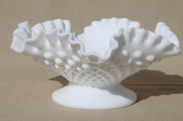 Fenton hobnail milk glass footed bowl w/ ruffled edge, candy dish / centerpiece for flowers