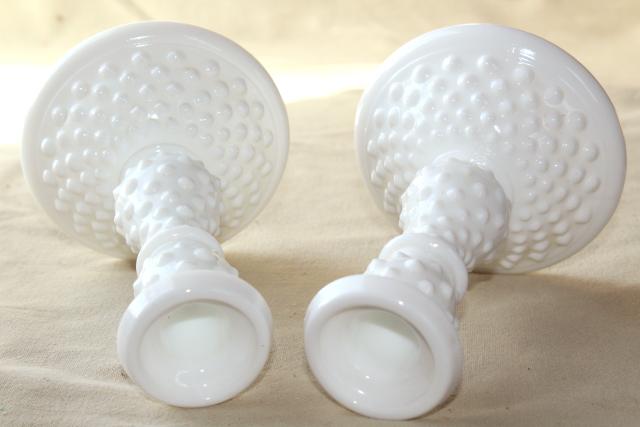Fenton hobnail vintage milk glass candlesticks, pair tall candle holders
