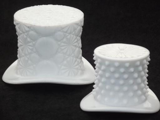 Fenton milk glass hats, daisy & button and hobnail pattern hat vases