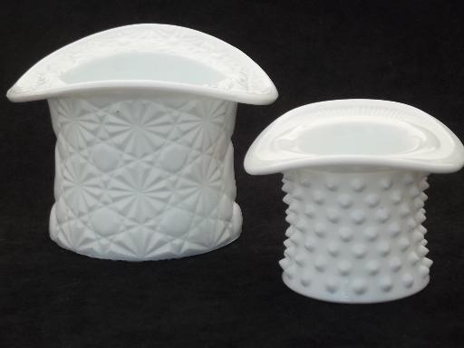 Fenton milk glass hats, daisy & button and hobnail pattern hat vases