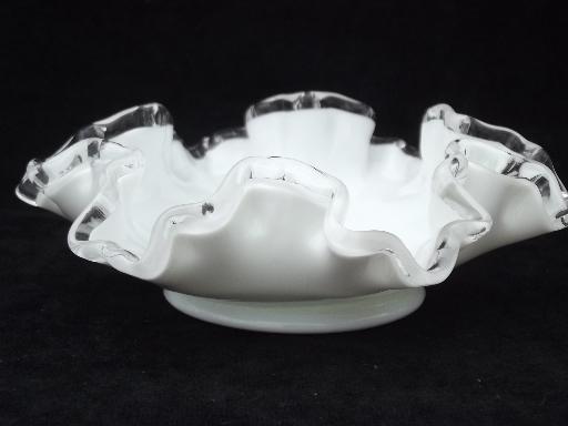 Fenton silver crest milk glass, stovepipe hat vase and flower dish or saucer