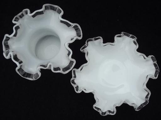 Fenton silver crest milk glass, stovepipe hat vase and flower dish or saucer