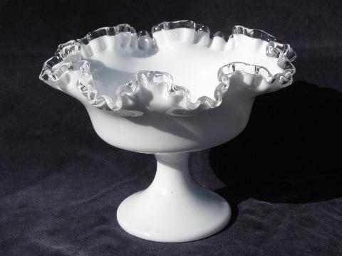 Fenton vintage silver crest milk glass crimped comport, ruffled pedestal bowl