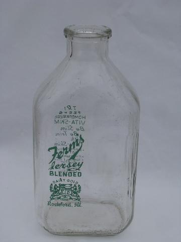 Fern's Rockford Jersey dairy advertising vintage glass milk bottles, old wire bottle carrier