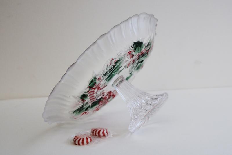 Festive Wreath Mikasa Christmas candy canes glass dish, footed bonbon or tiny cake plate