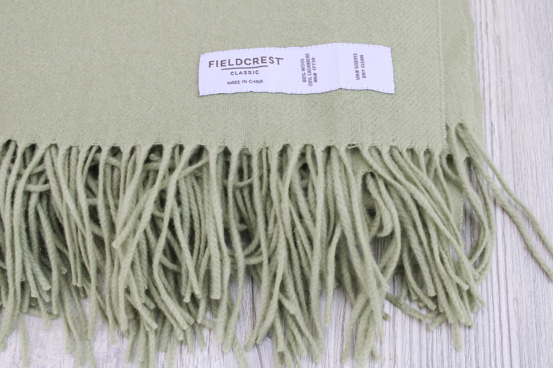 Fieldcrest celery green wool cashmere fringed throw blanket, light soft wrap for travel