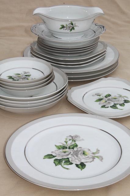 First Love vintage Japan fine china set for four, white roses / pale grey border