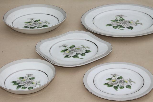 First Love vintage Japan fine china set for four, white roses / pale grey border