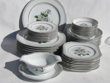 First Love white roses / pale grey border vintage Japan china, set for 8