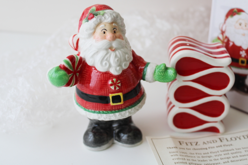 Fitz and Floyd Peppermint Santa S&P shakers set, Santa and striped ribbon candy