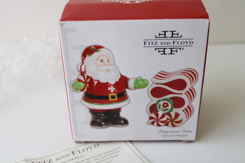 Fitz and Floyd Peppermint Santa S&P shakers set, Santa and striped ribbon candy