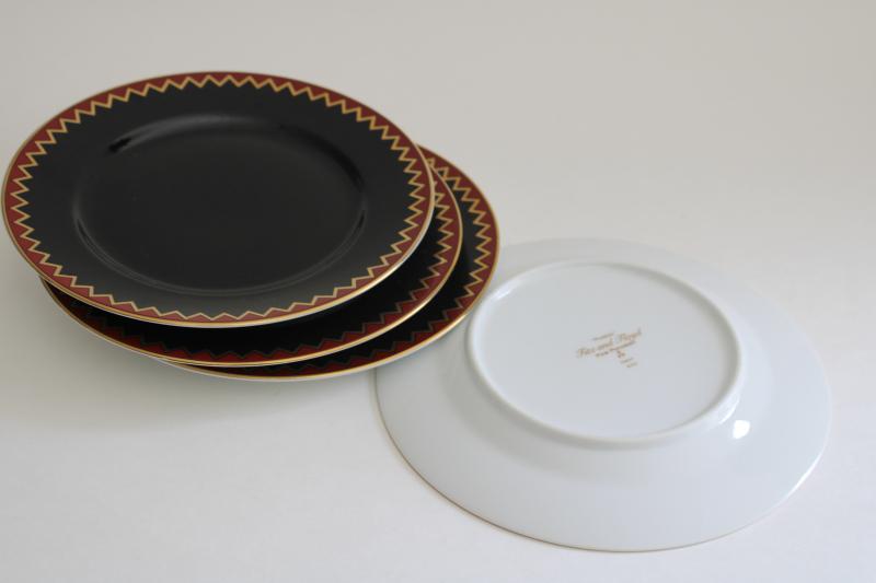 Fitz and Floyd Pueblo plates, black red gold zigzag pattern, vintage southwest style 