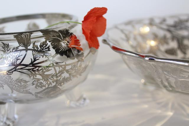 Flanders poppy silver decorated glass bowl ivy ball vase, vintage silver overlay glass