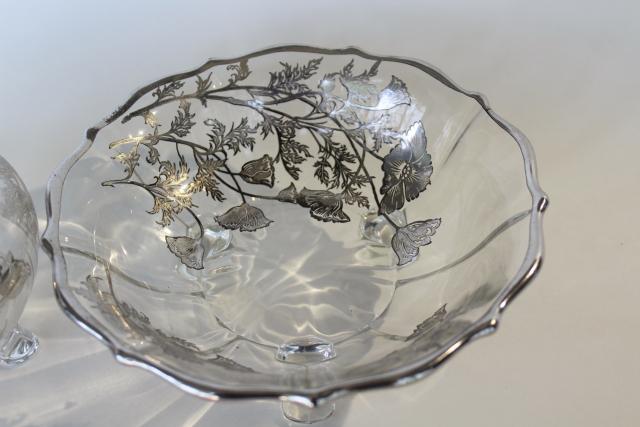 Flanders poppy silver decorated glass bowl ivy ball vase, vintage silver overlay glass