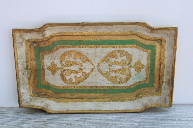 Florentine gold wood tray, hand painted ornate gilt wood tray mid century vintage Italy