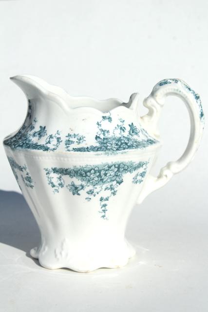 Forget-Me-Not blue green transferware china pitcher, W Dean English semi porcelain ironstone
