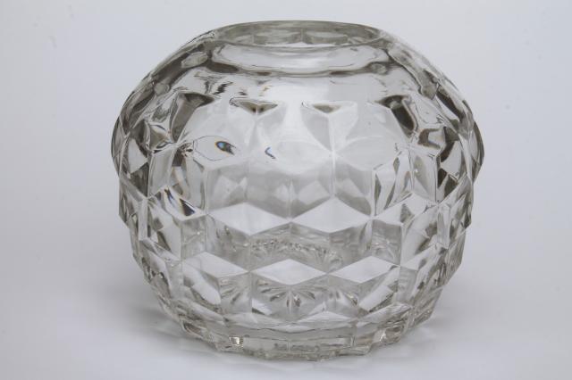 Fostoria American / Whitehall cube pattern glass, vintage rose bowl, ivy ball or candle lamp