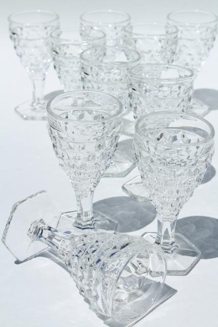 Fostoria American cube pattern pressed glass wine glasses, crystal clear vintage stemware