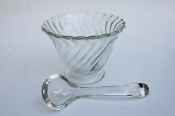 Fostoria Colony swirl pattern glass mayonnaise bowl or sauce dish w/ glass ladle spoon