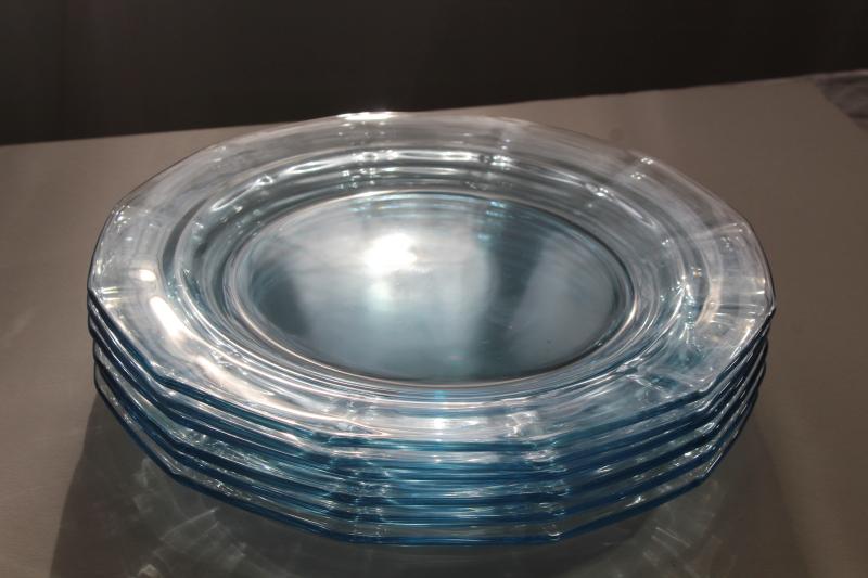 Fostoria Fairfax pattern pale blue glass dishes, six large dinner plates