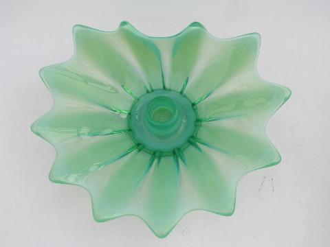 Fostoria Heirloom vintage green opalescent glass flower candle holders