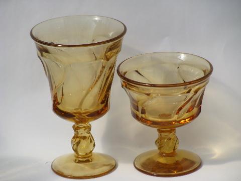 Fostoria Jamestown amber glass water glasses, sherbets stemware lot