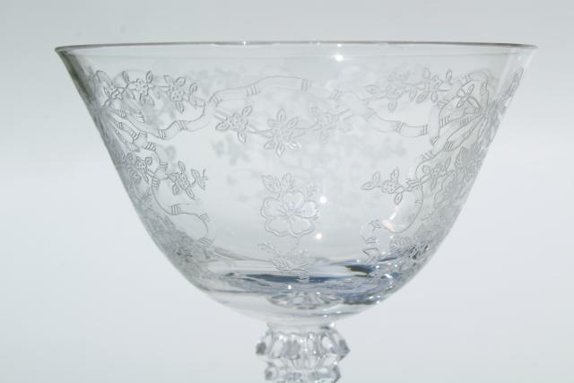 Fostoria Romance etched glass stemware, crystal clear vintage sherbets or champagne glasses