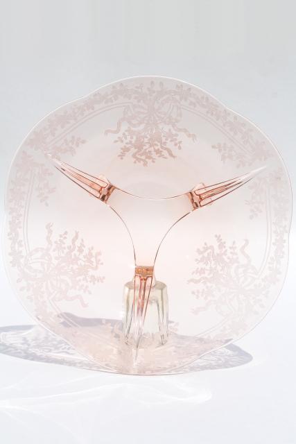 Fostoria Romance etched glass three toed bowl, vintage pink depression glass centerpiece