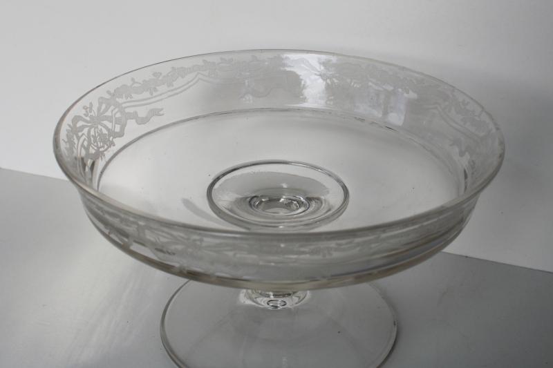 Fostoria Romance pattern etched glass cheese stand or bonbon plate, tiny pede