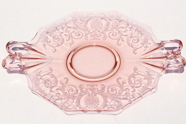 Fostoria Versailles etch vintage pink glass cake plate w/ tray handles