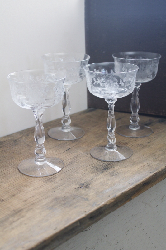 Fostoria Willowmere roses etch champagne glasses set, vintage crystal stemware