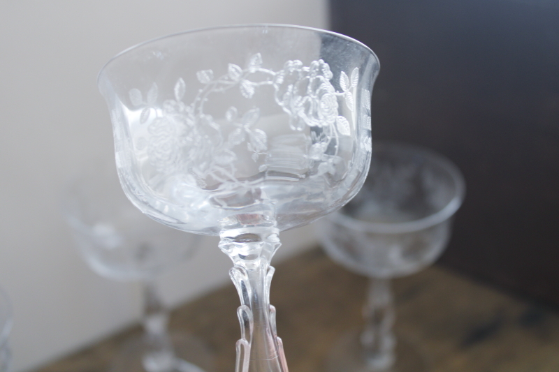 Fostoria Willowmere roses etch champagne glasses set, vintage crystal stemware