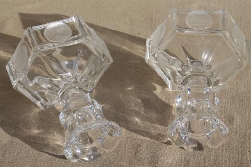 Fostoria coin glass candlesticks, pair of vintage clear glass candle holders w/ embossed coins