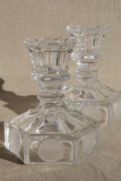 Fostoria coin glass candlesticks, pair of vintage clear glass candle holders w/ embossed coins