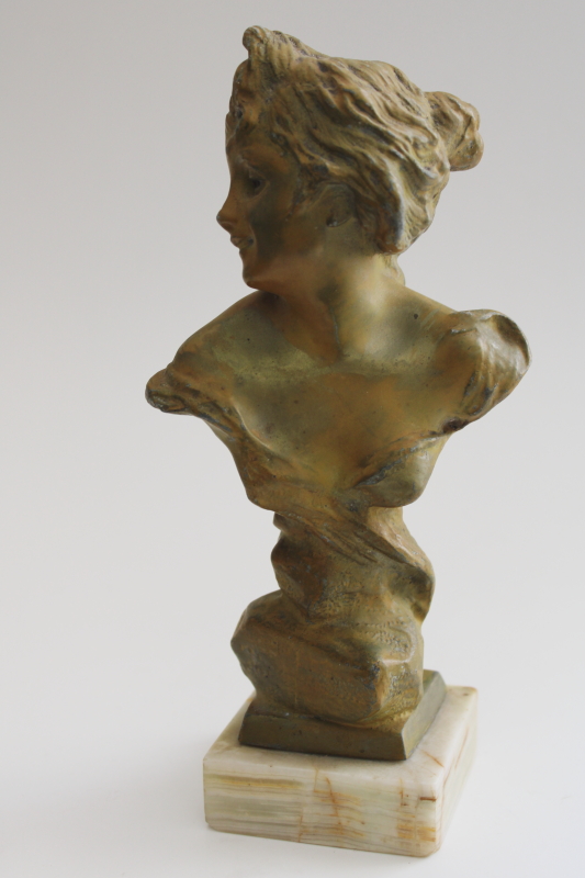French bronze style vintage sculpture, cast metal spelter bust of a young girl signed Miro