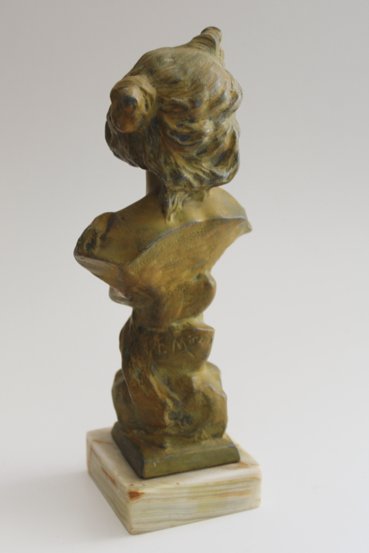 French bronze style vintage sculpture, cast metal spelter bust of a young girl signed Miro