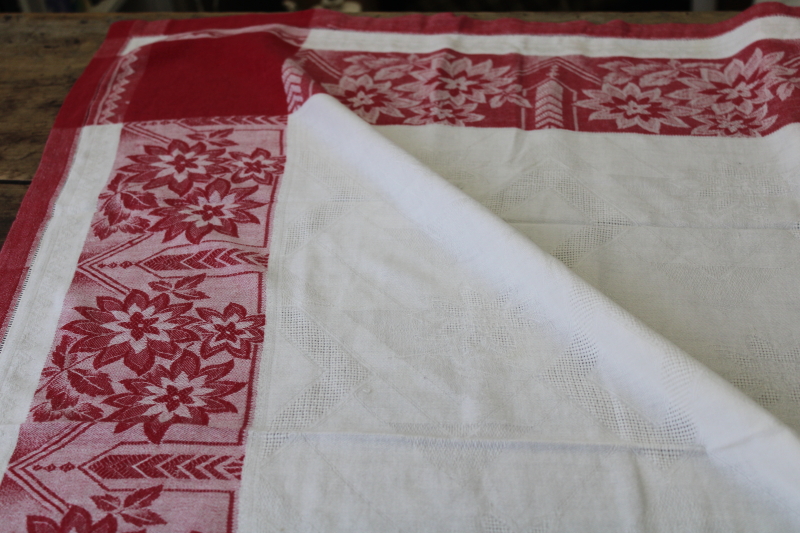 French country cotton kitchen tablecloth early 1900s vintage turkey red  white border