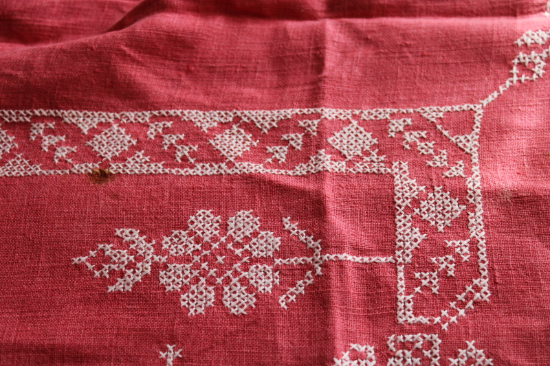 French country farmhouse style vintage barn red linen tablecloth w/ folk art embroidery