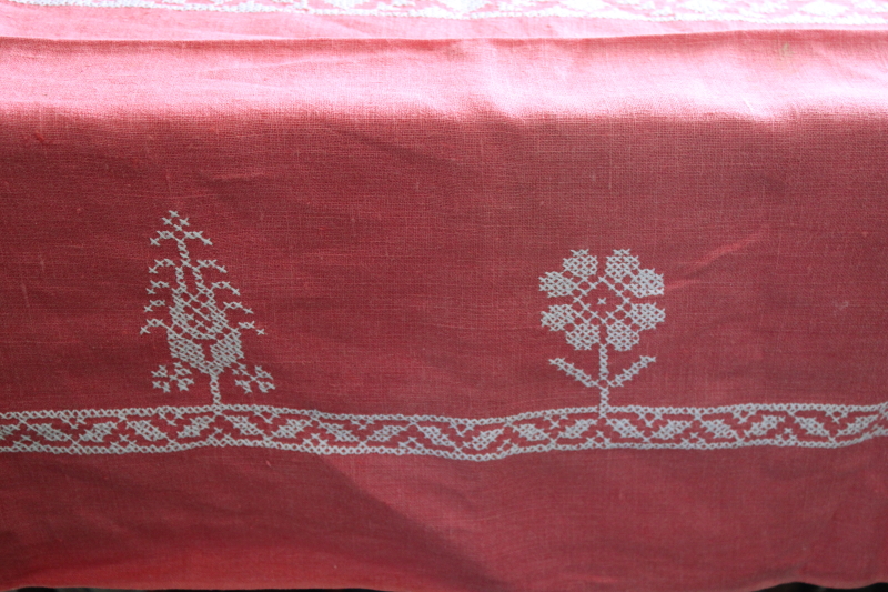 French country farmhouse style vintage barn red linen tablecloth w/ folk art embroidery