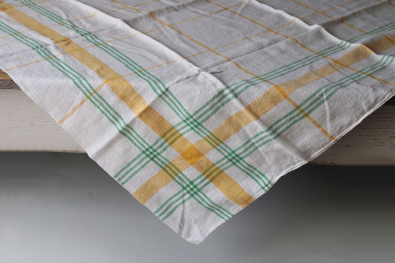 French country farmhouse style vintage pure linen tablecloth, green  yellow woven border