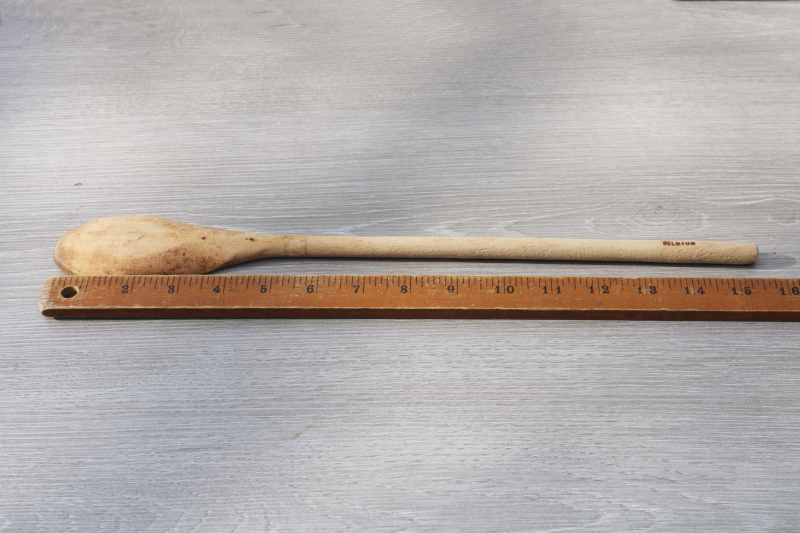 French country kitchen style long handled wooden spoon, vintage wood spoon stamped Belgium