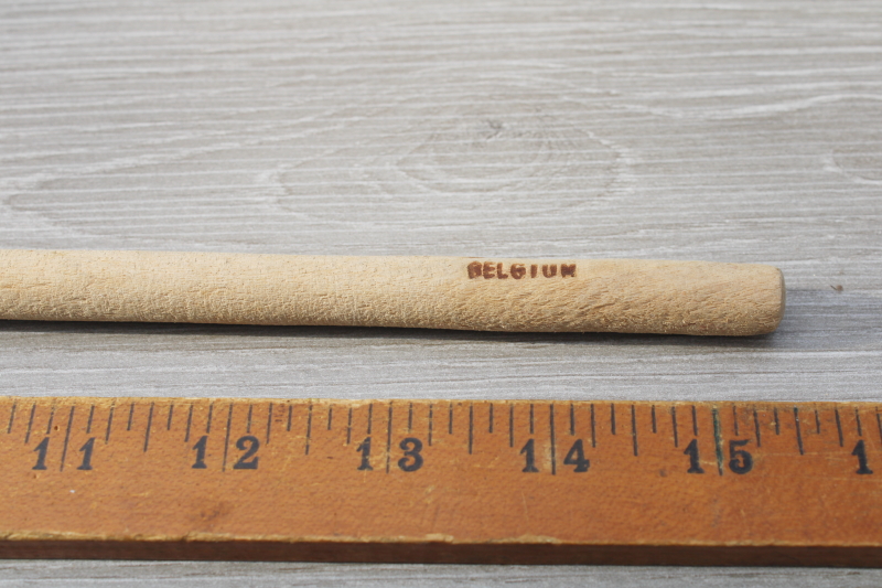 French country kitchen style long handled wooden spoon, vintage wood spoon stamped Belgium