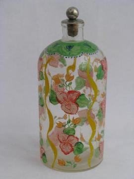 French country or Italian style vintage painted flowers glass decanter or oil bottle
