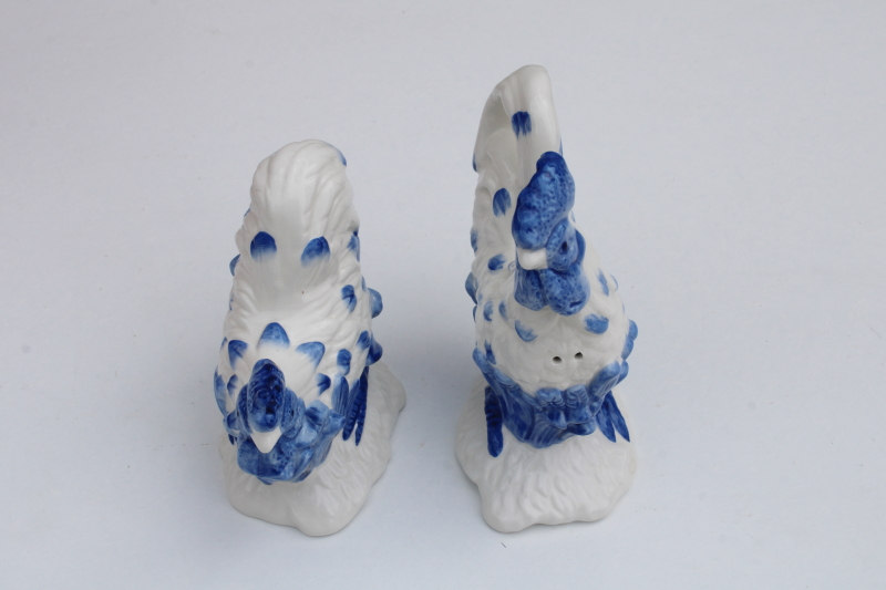 French country style blue  white china hen  rooster, ceramic chickens S&P shakers