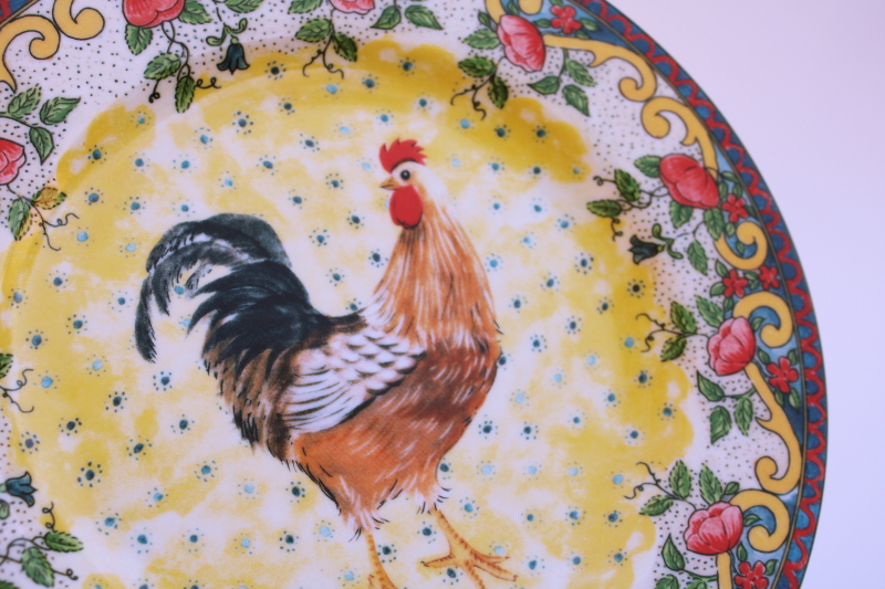 French country style folk art plates w/ roosters, Petite Provence colorful chickens china
