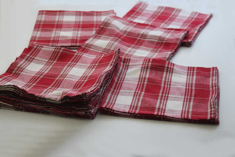 French country style red, flax, cream plaid napkins, heavy cotton fabric cloth napkin set