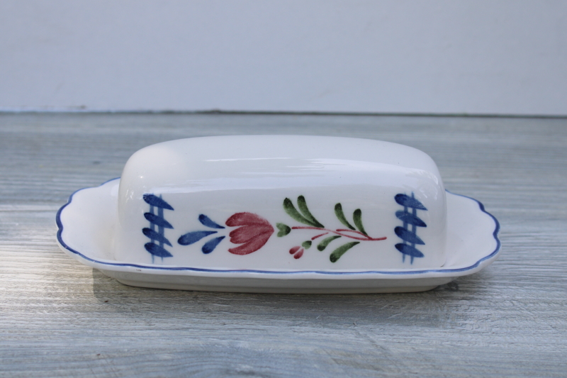 French country style vintage ceramic butter dish, plate w/ cover Nikko Provincial folk art flowers