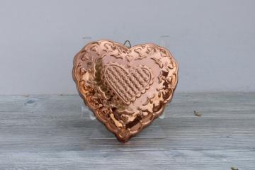 French country style vintage copper jello mold, heart shape kitchen wall hanging tin lined copper pan