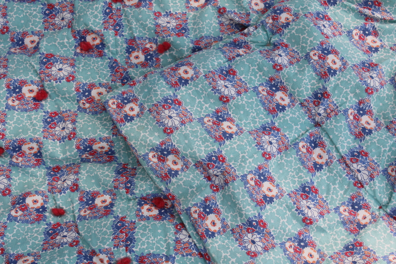 French country style vintage floral print cotton comforter, red blue flowers on mint green