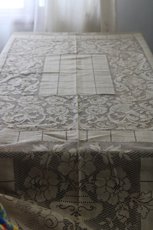 French country style vintage lace tablecloth, rustic natural flax colored cotton lace
